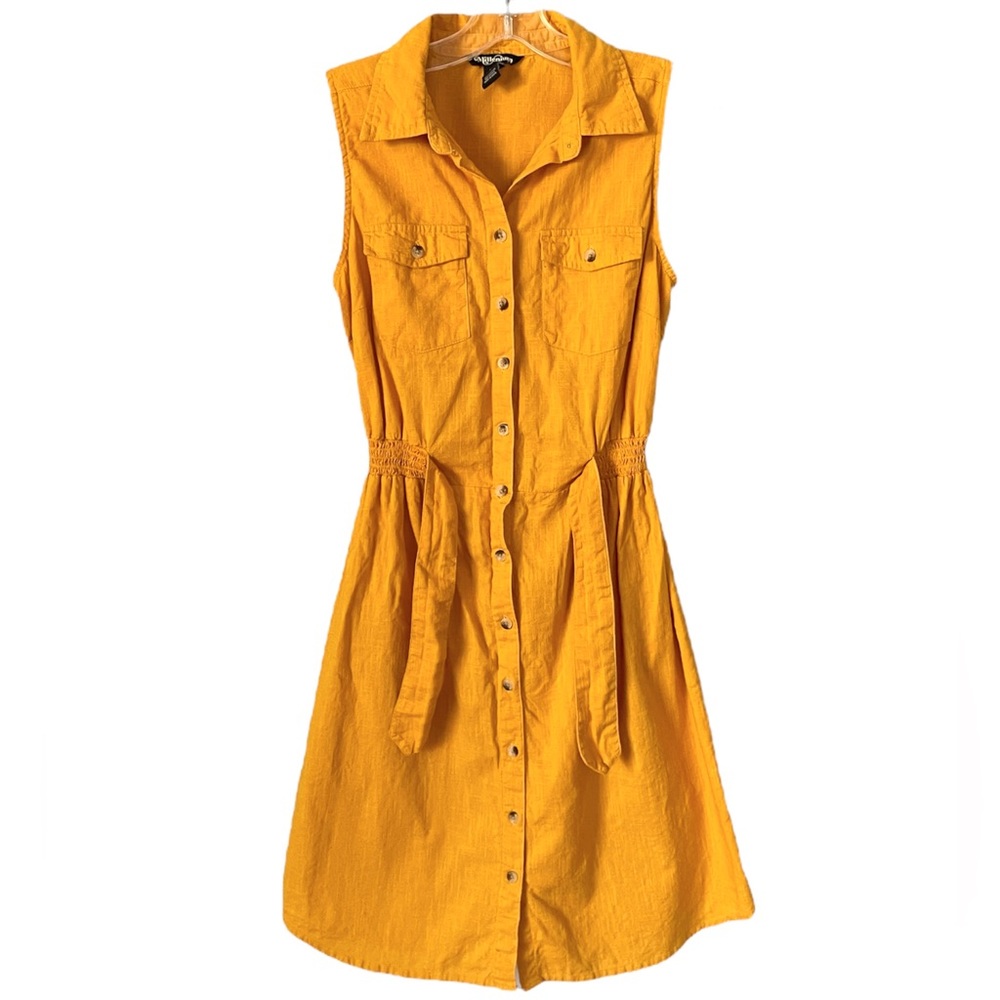 Millenium Golden Yellow 100% Cotton Sleeveless Tie Waist Shirt Dress Size S